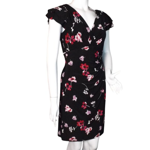 LAUREN RALPH LAUREN Dress, 8/M, Black/Red floral, Layered Flutter sleeve, V-neck - Picture 3 of 11